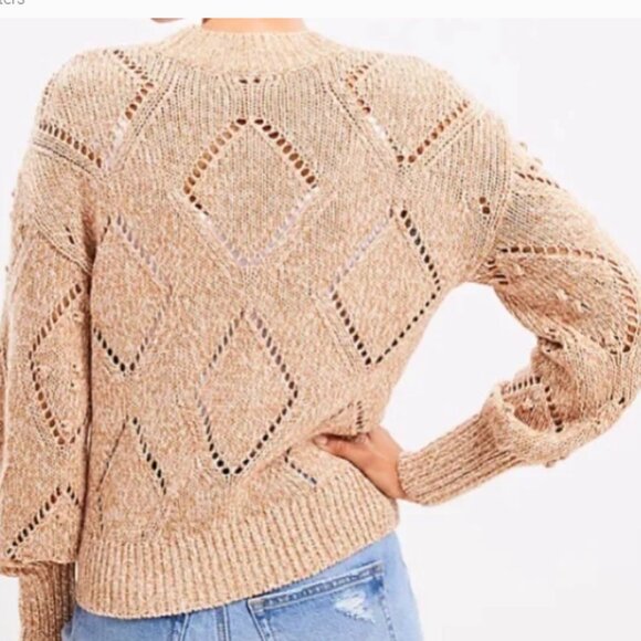 Loft Tan Marled Geo Pointelle Bobble Sweater Size Medium NWT - Picture 3 of 9